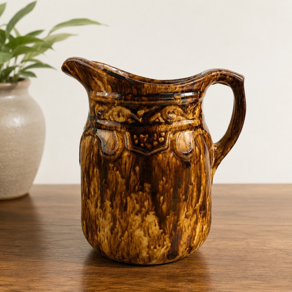 Rockingham Bennington Pottery Pitcher Brown Mottled Glaze Antique 7"